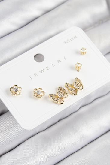 Pirinç Zirkon Taşlı Kelebek Model Gold Renk 925 Ayar Gümüş Çivi Kadın Küpe Set