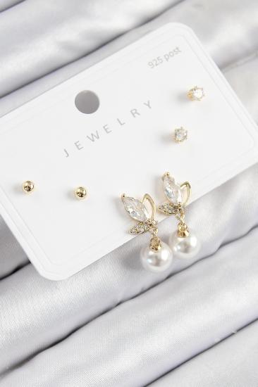 Pirinç Zirkon Taşlı İnci Sallantılı Damla Model Gold Renk 925 Ayar Gümüş Çivi Kadın Küpe Set