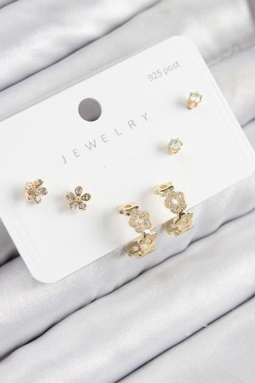 Pirinç Zirkon Taşlı Halka Model Gold Renk 925 Ayar Gümüş Çivi Kadın Küpe Set