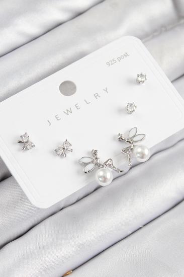 Pirinç Zirkon Taşlı İnci Melek Model Gümüş Renk 925 Ayar Gümüş Çivi Kadın Küpe Set