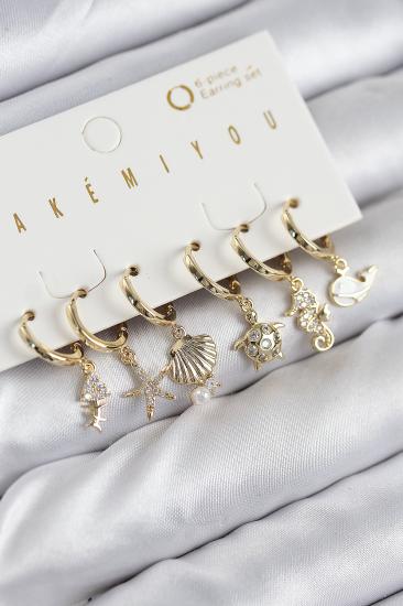Pirinç Zirkon Taşlı İstiridye Balina Ve Yıldız Gold Renk 6’lı Küpe Set