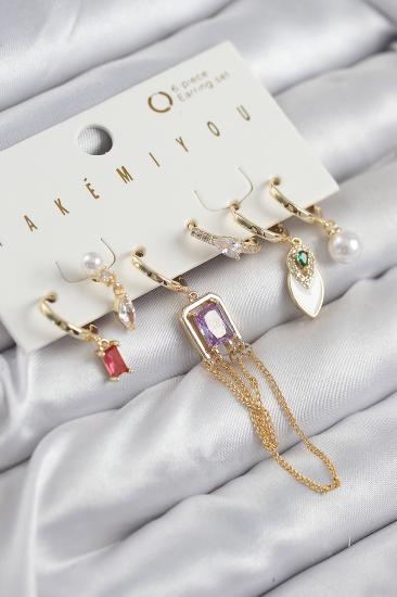 Pirinç Zirkon Taşlı Sallantılı Ve İncili Gold Renk 6’lı Küpe Set