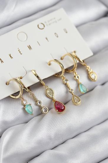 Pirinç Zirkon Taşlı Sallantılı Model Gold Renk 6’lı Küpe Set