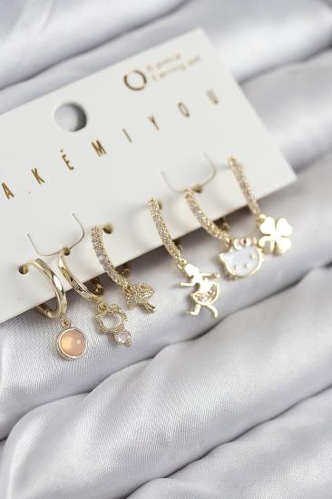 Pirinç Zirkon Taşlı Hello Kity Ve Yonca Model Gold Renk 6’lı Küpe Set
