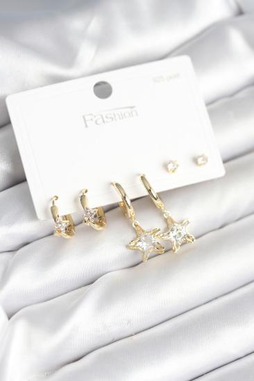 Pirinç Gold Renk Yıldız Model 925 Gümüş Çivili Kadın Küpe Seti