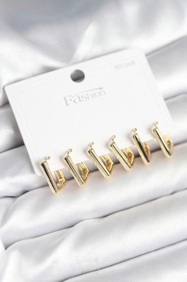 Gold Renk Kare Model Pirinç 925 Ayar Gümüş Çivili Kadın Küpe Seti