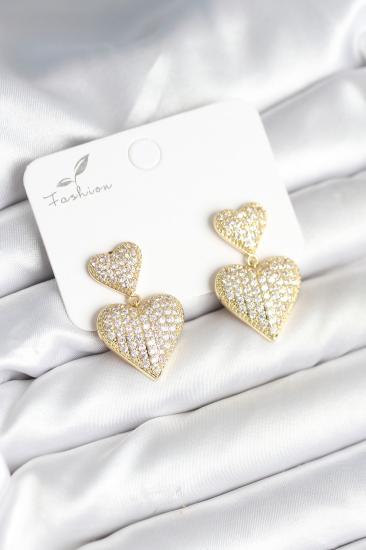 Kalp Model Zirkon Taşlı Gold Renk Pirinç Kadın Küpe