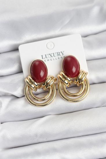 Pirinç Gold Renk Bordo Taşlı Vintage Kadın Küpe