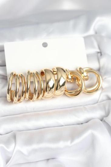 Pirinç Gold Renk 3 Çift Vintage Kadın Küpe Seti