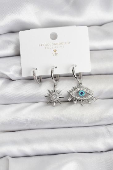 Göz Model Gümüş Renk Pirinç 3’lü Kadın Küpe Seti