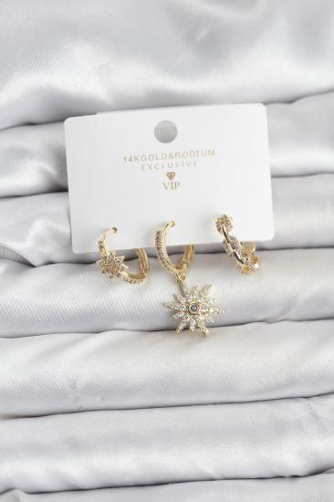 Pirinç Gold Renk Kutup Yıldızı Model 3’lü Kadın Küpe Seti