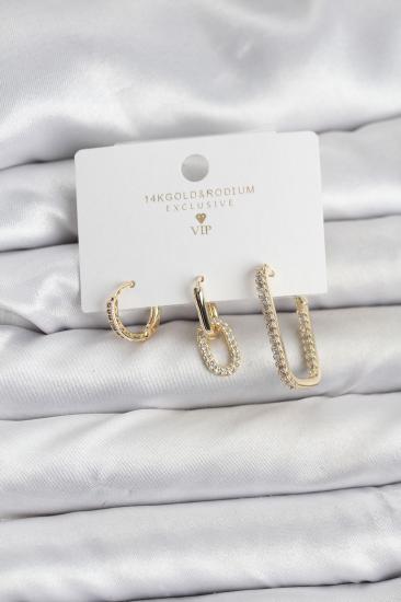 Gold Renk Zirkon Taşlı 3’lü Kadın Küpe Seti