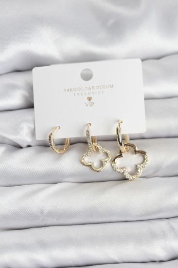Yonca Model Gold Renk Pirinç 3’lü Kadın Küpe Seti