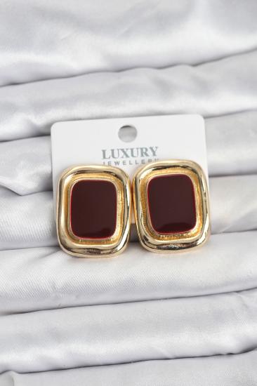 Bordo Mineli Kare Gold Renk Vintage Kadın Küpe