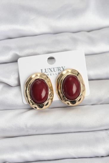 Bordo Renk Oval Vintage Pirinç Kadın Küpe