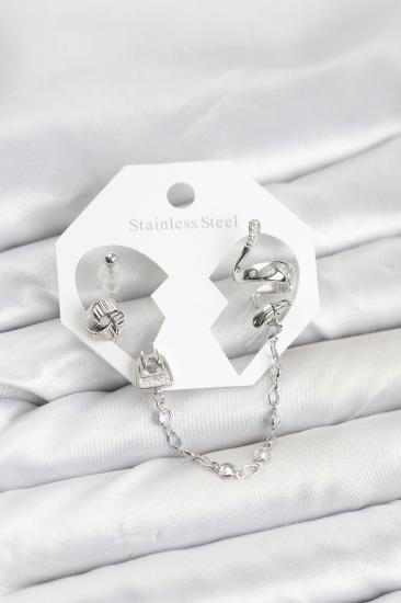 Pirinç Gümüş Renk Yılan Model Zincir Bağlantılı Ear Cuff Küpe Seti