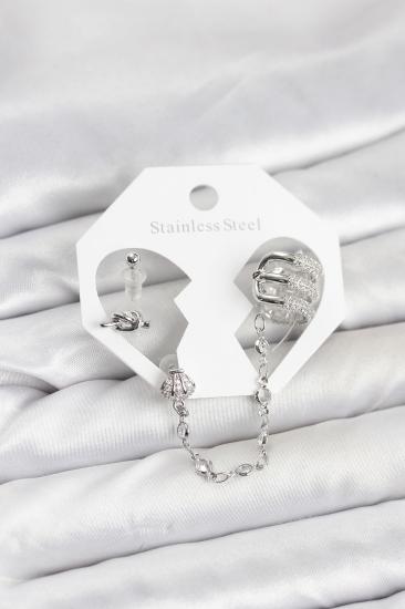 Pirinç Gümüş Renk Sarmal Model Zincir Bağlantılı Ear Cuff Küpe Seti
