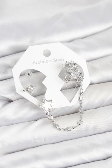 Pirinç Gümüş Renk Yıldız Model Zincir Bağlantılı Ear Cuff Küpe Seti