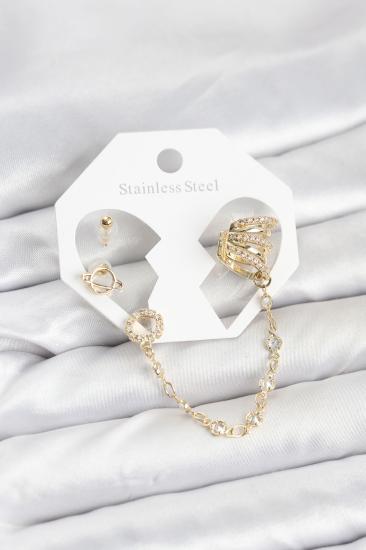 Uzay Model Pirinç Gold Renk Zincir Bağlantılı Ear Cuff Küpe Seti