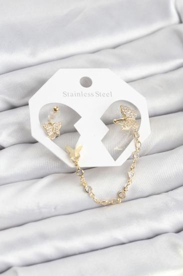 Kelebek Model Pirinç Gold Renk Zincir Bağlantılı Ear Cuff Küpe Seti