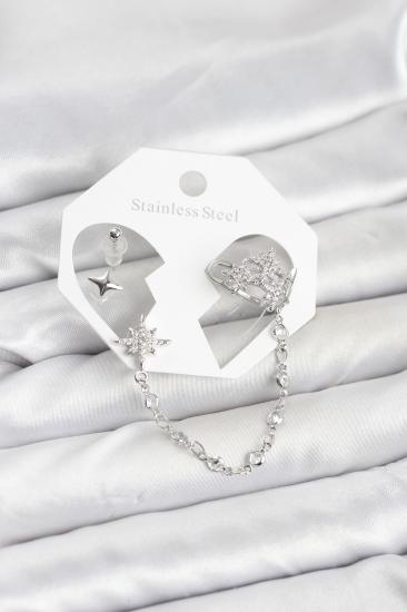 Kutup Yıldızı Model Pirinç Gümüş Renk Zincir Bağlantılı Ear Cuff Küpe Seti