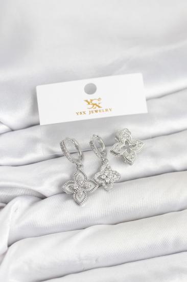 Pirinç Gümüş Renk Yonca Model YSX Trio Küpe Seti