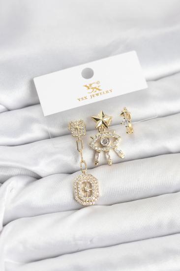 Pirinç Gold Renk Göz ve Kutup Yıldızı Model YSX Trio Küpe Seti