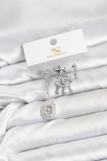 Pirinç Gümüş Renk Göz ve Kutup Yıldızı Model YSX Trio Küpe Seti