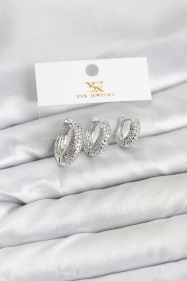 Pirinç Gümüş Renk Zirkon Taşlı Halka Model YSX Trio Küpe Seti