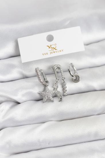 Pirinç Gümüş Renk Zirkon Taşlı Yıldız Vintage Model YSX Trio Küpe Seti