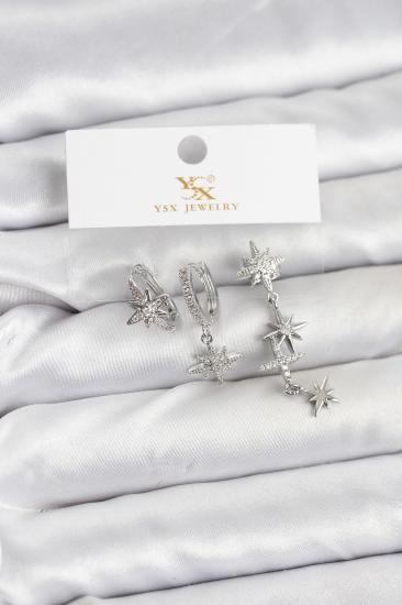 Pirinç Gümüş Renk Zirkon Taşlı Kutup Yıldızı Model YSX Trio Küpe Seti