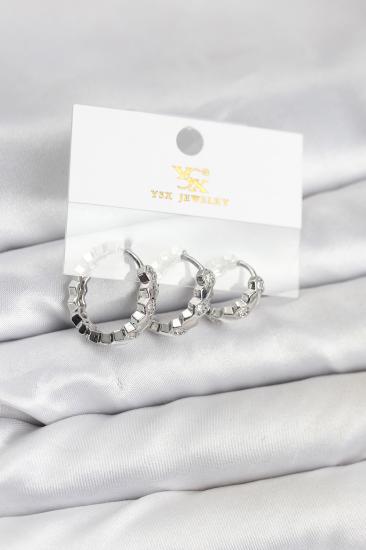 Pirinç Gümüş Renk Zirkon Taşlı Petek Halka Model YSX Trio Küpe Seti