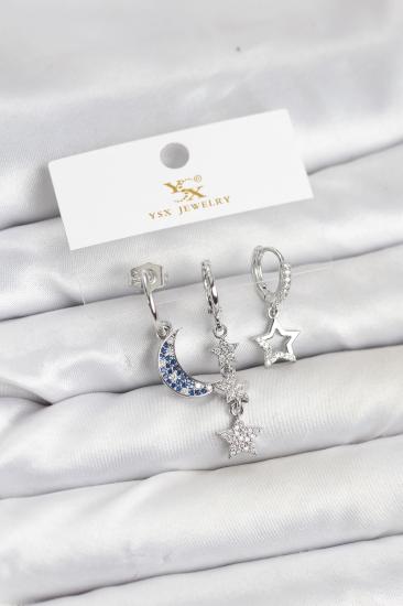 Pirinç Gümüş Renk Zirkon Taşlı Ay ve Yıldız Model YSX Trio Küpe Seti
