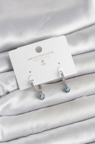 Minimal Nazarlı Model Gümüş Renk Zirkon Taşlı Kadın Küpe