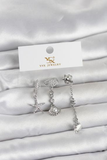 Pirinç Gümüş Renk Zirkon Taşlı Deniz Temalı 3’lü Kadın Küpe