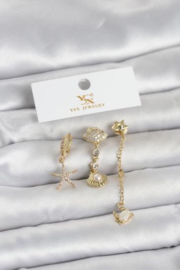 Pirinç Gold Renk Zirkon Taşlı Deniz Temalı 3’lü Kadın Küpe