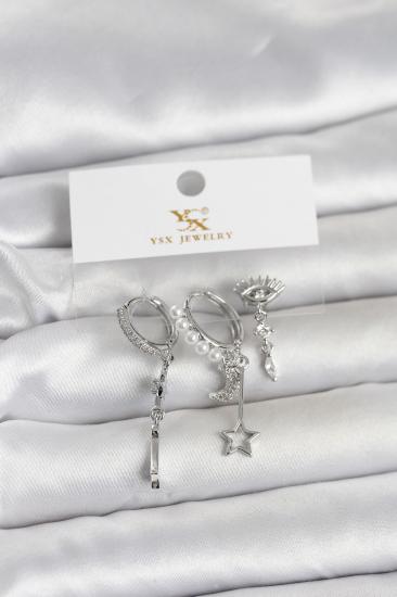 Pirinç Gümüş Renk Zirkon Taşlı Gece Temalı 3’lü Kadın Küpe