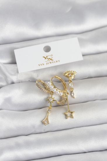 Pirinç Gold Renk Zirkon Taşlı Gece Temalı 3’lü Kadın Küpe