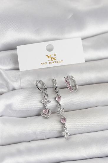 Pirinç Gümüş Renk Pembe Zirkon Taşlı 3’lü Kadın Küpe