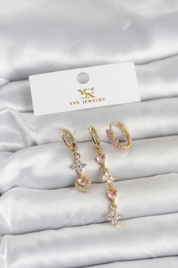 Pirinç Gold Renk Pembe Zirkon Taşlı 3’lü Kadın Küpe