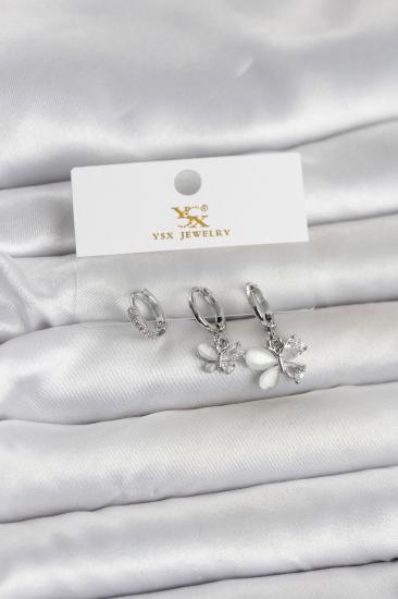 Pirinç Gümüş Renk Kelebek Model 3’lü Kadın Küpe