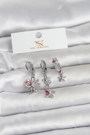 Pirinç Gümüş Renk Çiçek Model 3’lü Kadın Küpe