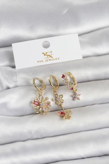 Pirinç Gold Renk Çiçek Model 3’lü Kadın Küpe