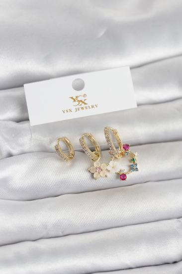 Pirinç Gold Renk Çiçek Model 3’lü Kadın Küpe