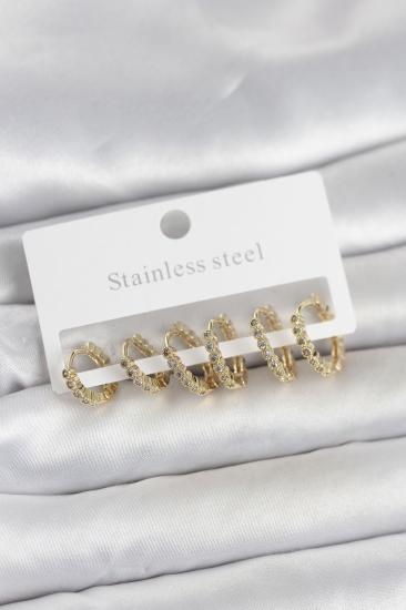 316L Çelik Gold Renk Zirkon Taşlı Halka Model Kadın Küpe Seti