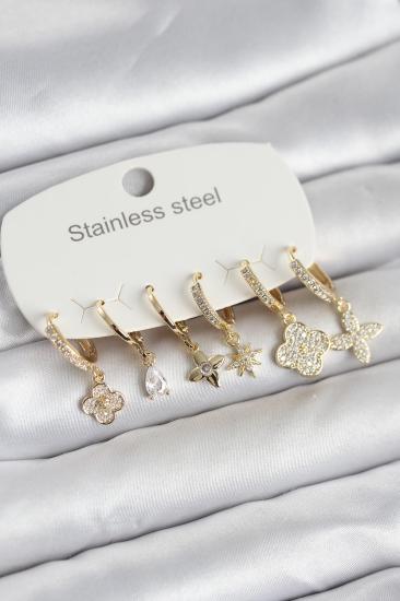 316L Çelik Gold Renk 6’lı Set Yonca Model Kadın Küpe