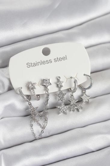 316L Çelik Gold Renk 6’lı Set Zincirli Yıldız Modelli Kadın Küpe