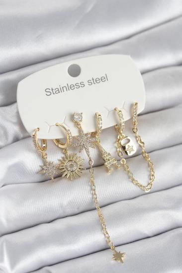 316L Çelik Gold Renk 6’lı Set Charmlı Kadın Küpe