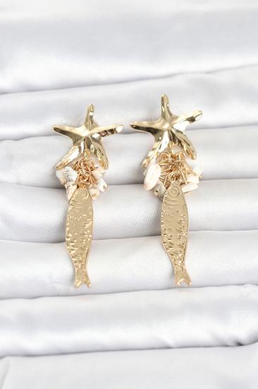 Deniz Yıldızı ve Balık Detaylı Krem Taşlı Gold Renk Kadın Küpe