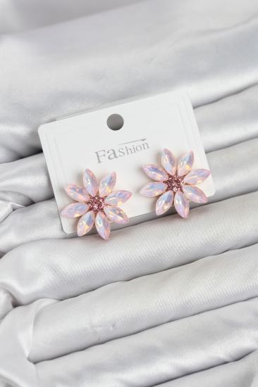 Pembe Renk Kristal Taşlı Lotus Çiçek Model Kadın Küpe